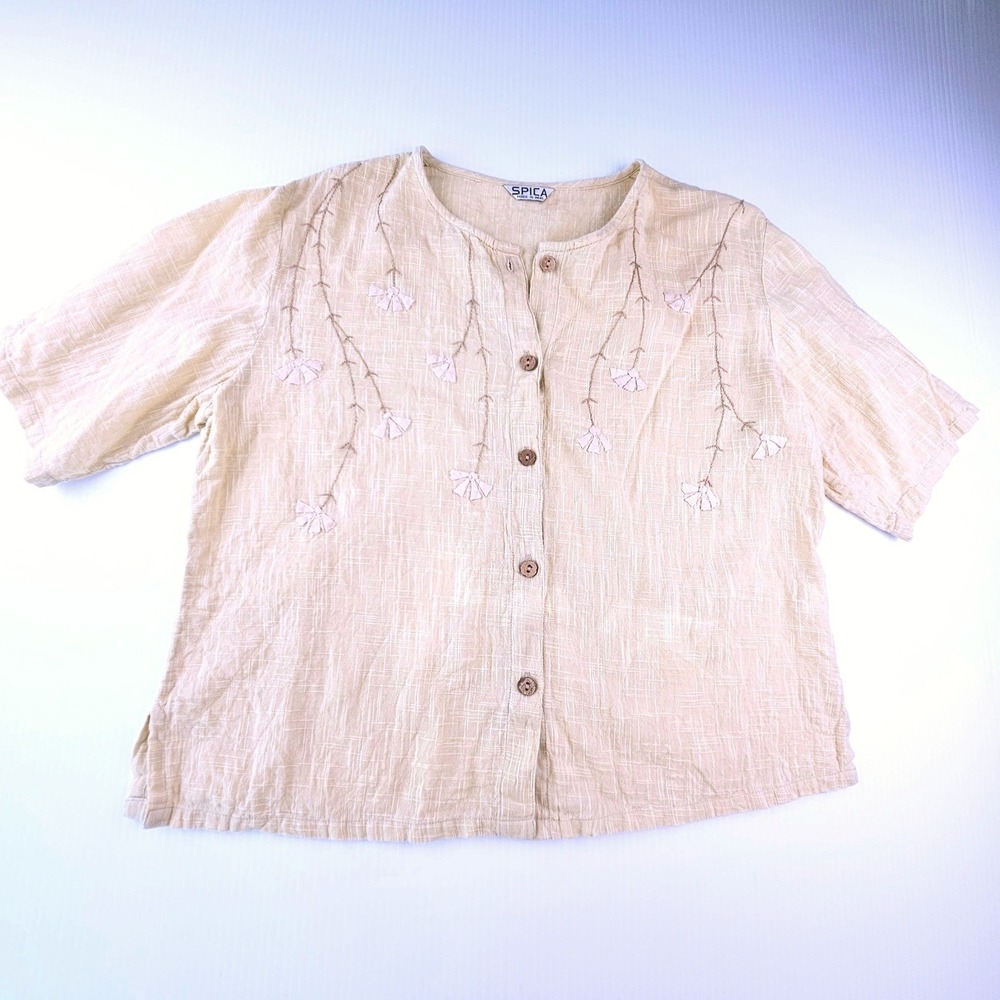 Vintage Spica Tan Textured Cotton Floral Embroidered Button Up Blouse Beige 80s
